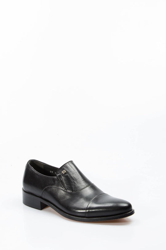 Men's Black Leather Slip-On Shoes with Cap Toe - Wessi