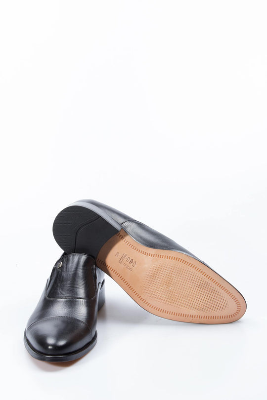 Men's Black Leather Slip-On Shoes with Cap Toe - Wessi