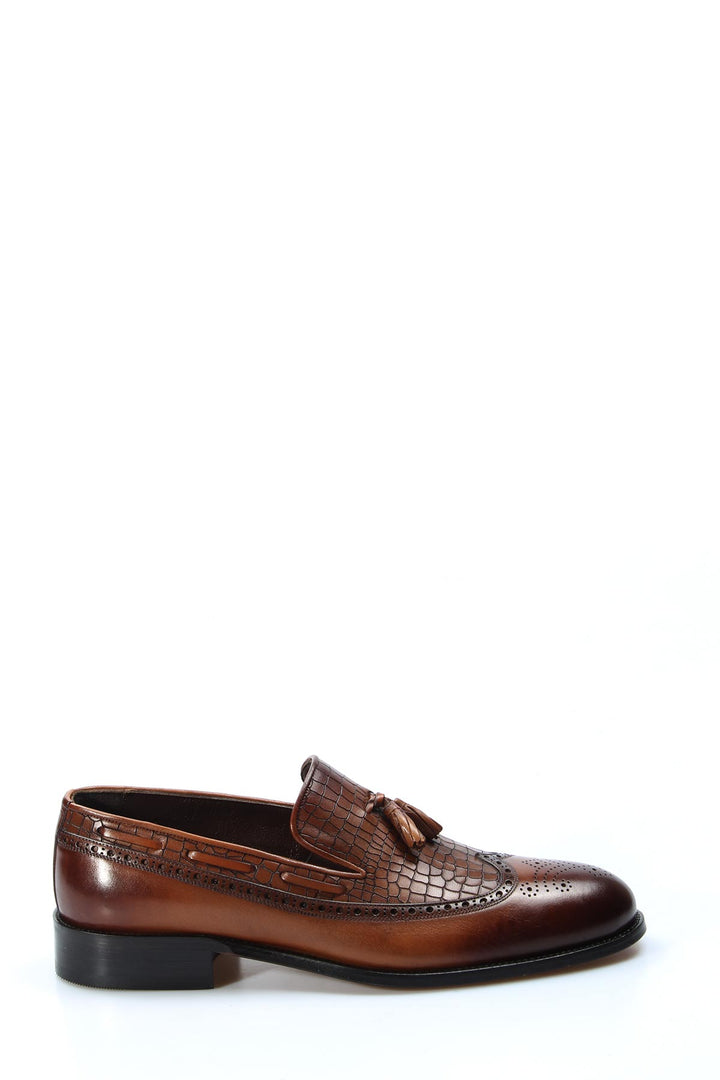Men's Brown Crocodile-Embossed Leather Tassel Loafers - Wessi