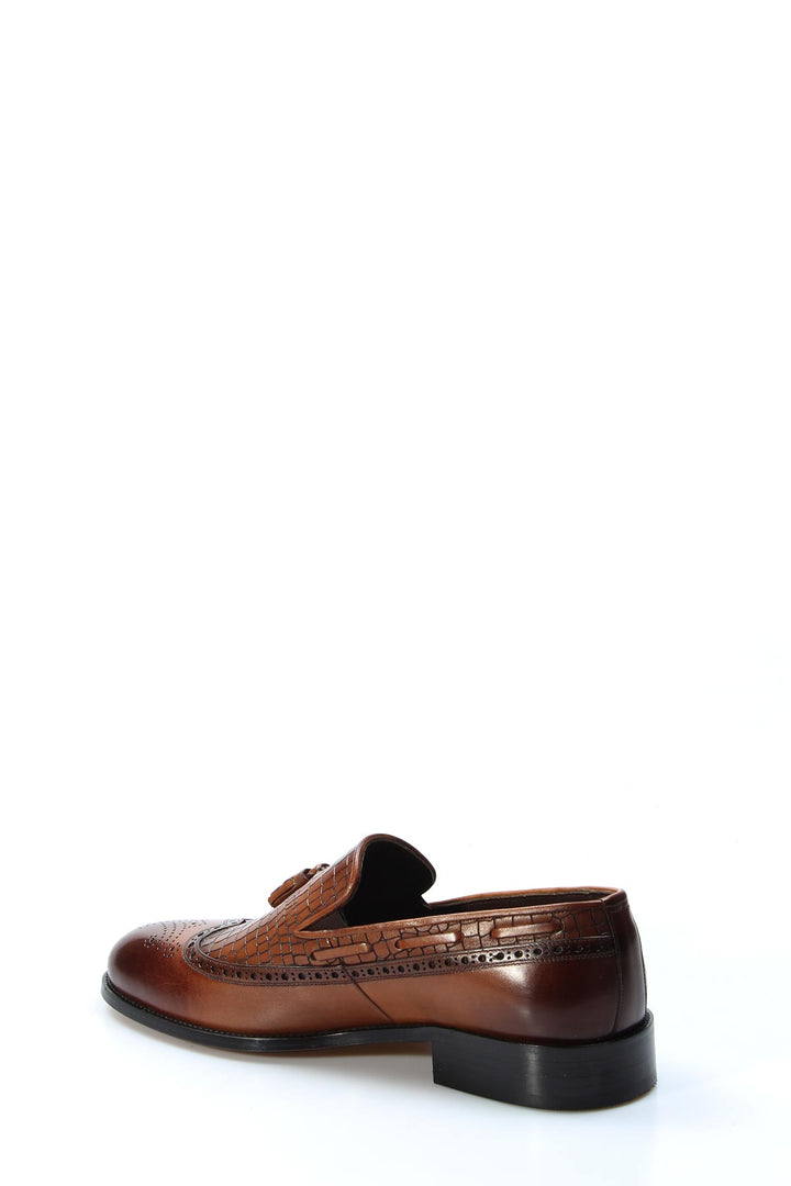 Men's Brown Crocodile-Embossed Leather Tassel Loafers - Wessi