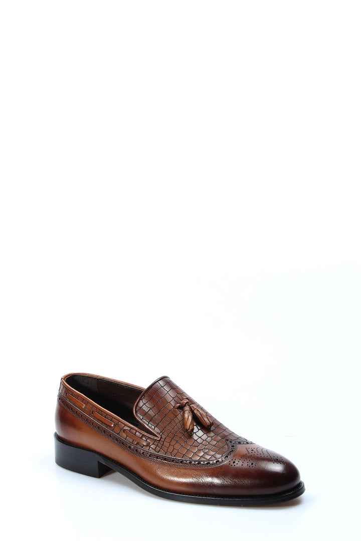 Men's Brown Crocodile-Embossed Leather Tassel Loafers - Wessi