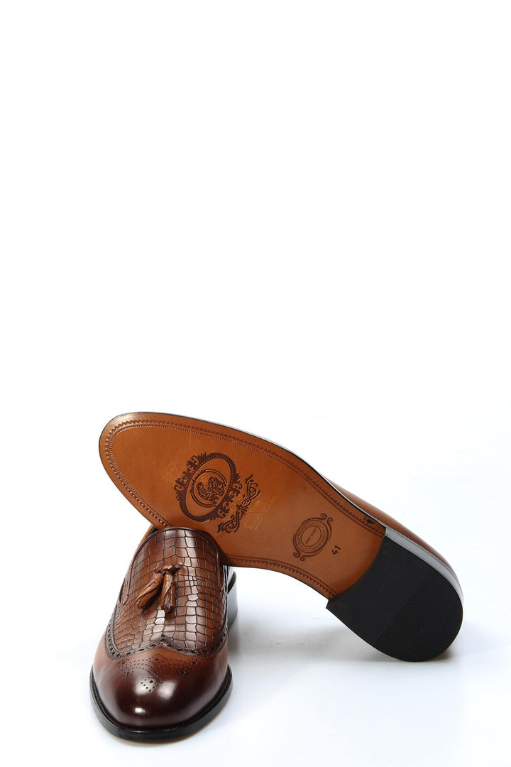 Men's Brown Crocodile-Embossed Leather Tassel Loafers - Wessi