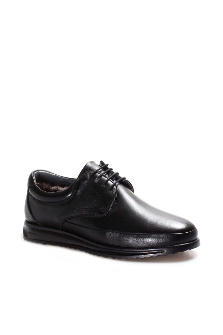 Men's Black Leather Lace-Up Shoes with Fur Lining - Wessi