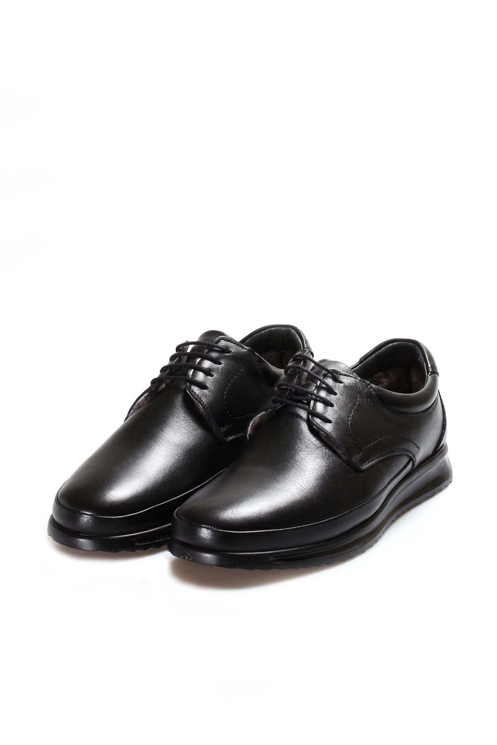 Men's Black Leather Lace-Up Shoes with Fur Lining - Wessi