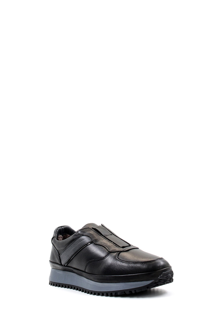 Men's Black Leather Slip-On Sneakers with Fur Lining and Grey Sole - Wessi