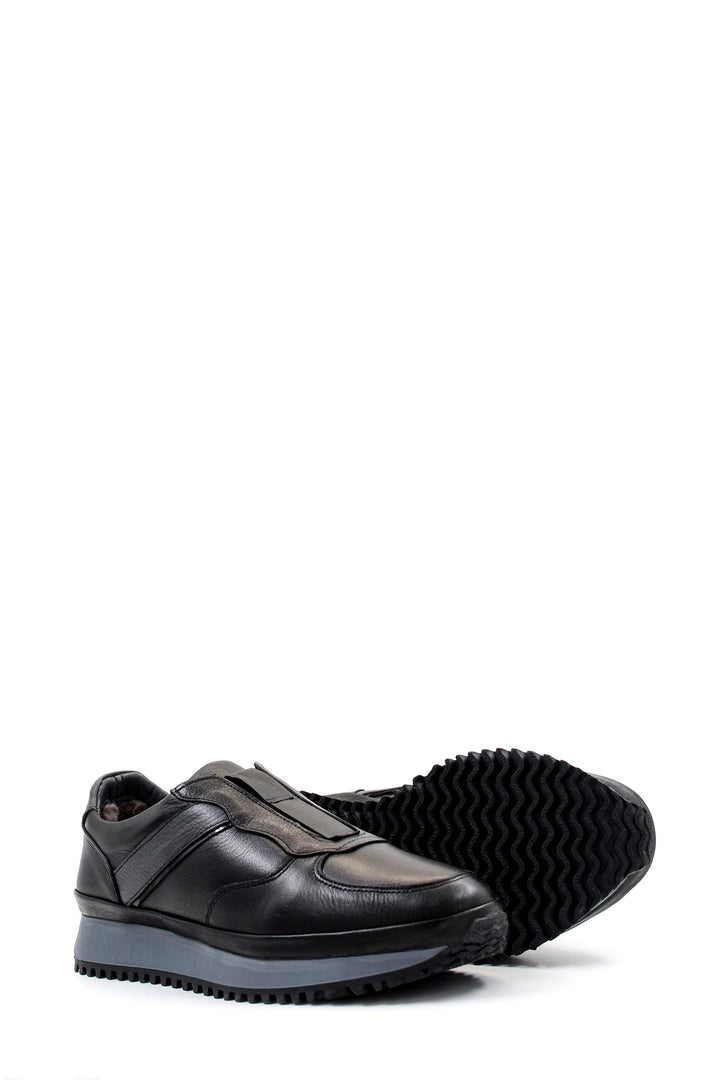 Men's Black Leather Slip-On Sneakers with Fur Lining and Grey Sole - Wessi