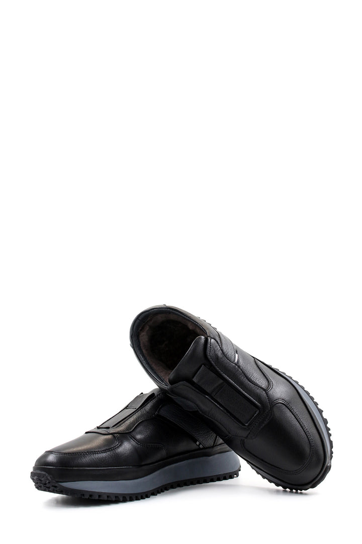 Men's Black Leather Slip-On Sneakers with Fur Lining and Grey Sole - Wessi