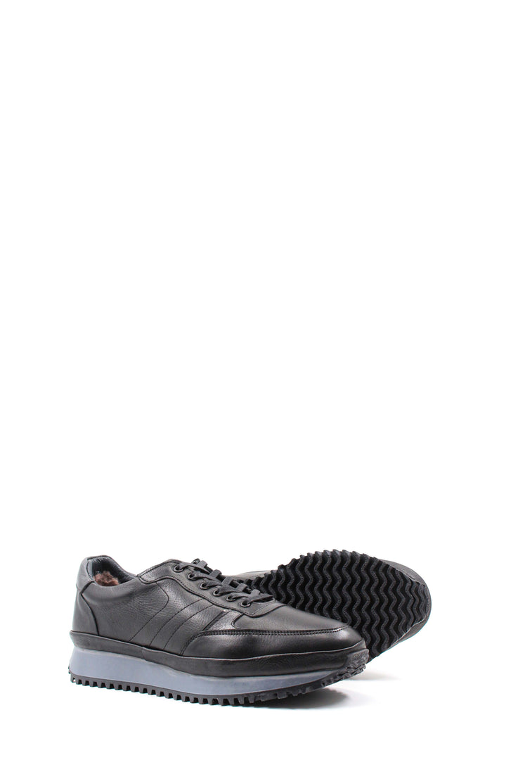 Men's Black Leather Sneakers with Fur Lining and Thick Sole - Wessi