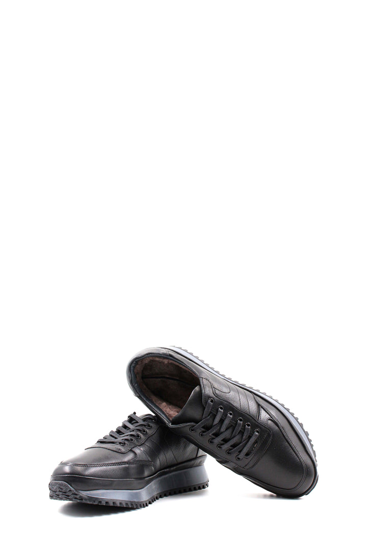 Men's Black Leather Sneakers with Fur Lining and Thick Sole - Wessi