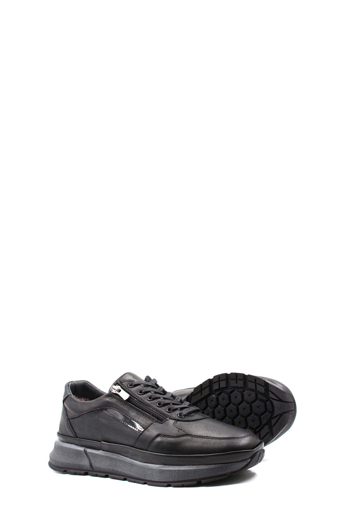 Men's Black Leather Sneakers with Side Zipper and Warm Fur Lining - Wessi