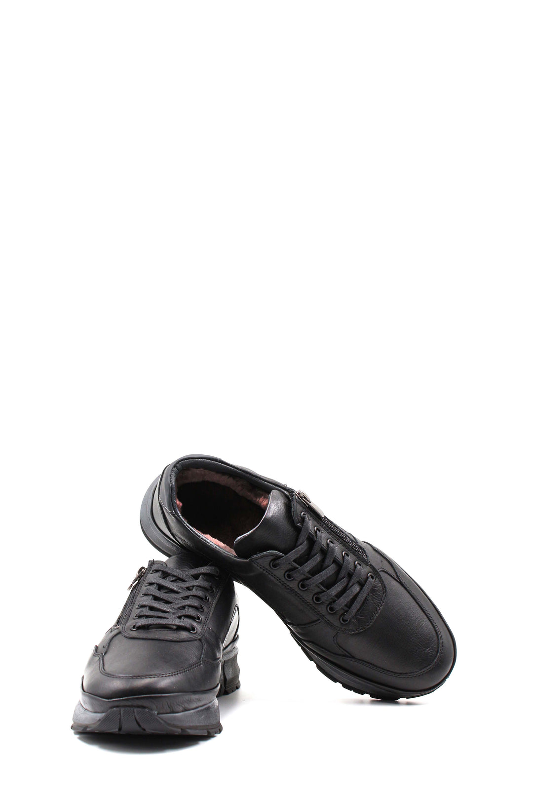 Men's Black Leather Sneakers with Side Zipper and Warm Fur Lining - Wessi