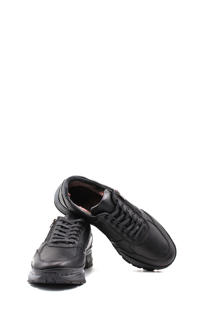 Men's Black Leather Sneakers with Side Zipper and Warm Fur Lining - Wessi