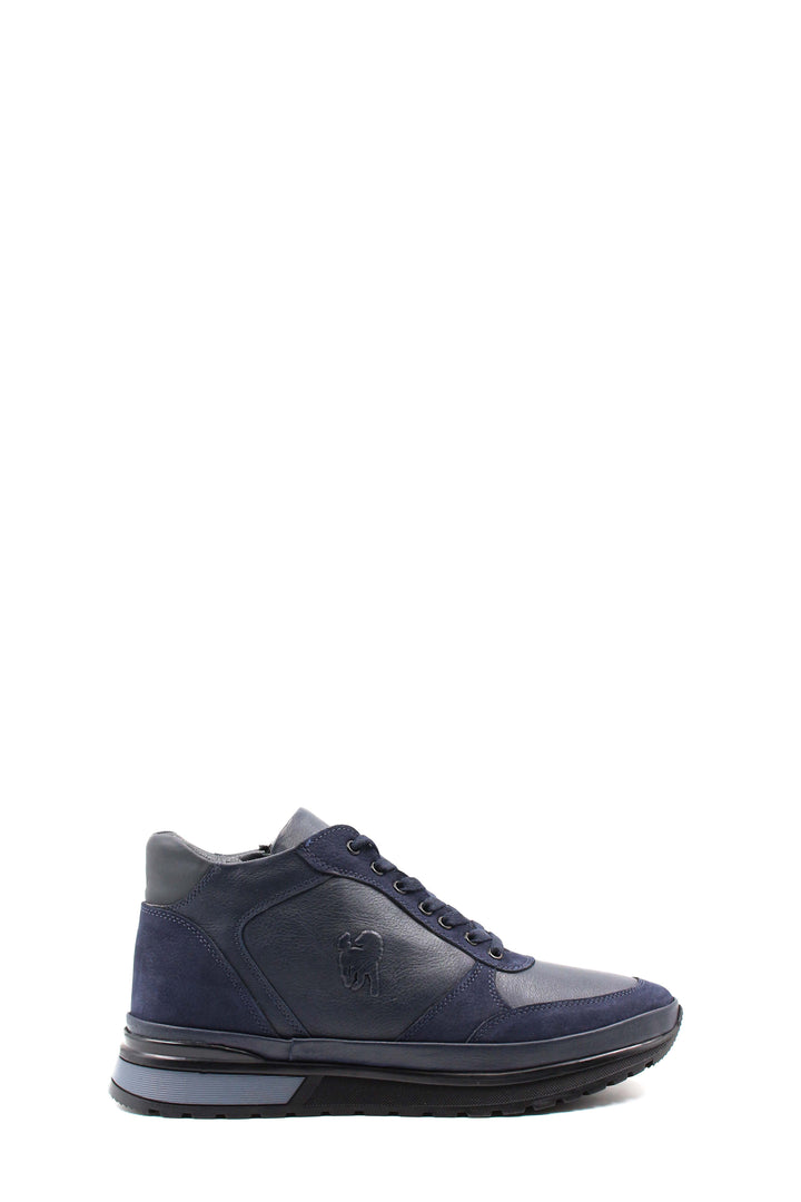 Men's Navy Blue Leather Sneakers with Side Zipper and Fur Lining - Wessi