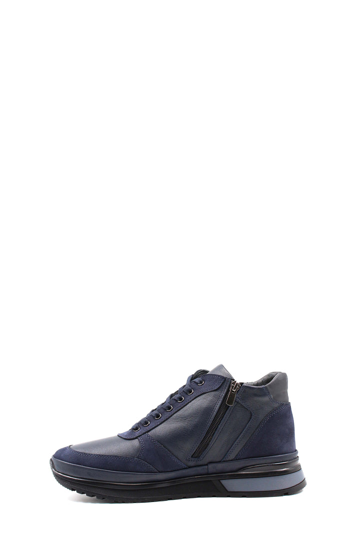 Men's Navy Blue Leather Sneakers with Side Zipper and Fur Lining - Wessi