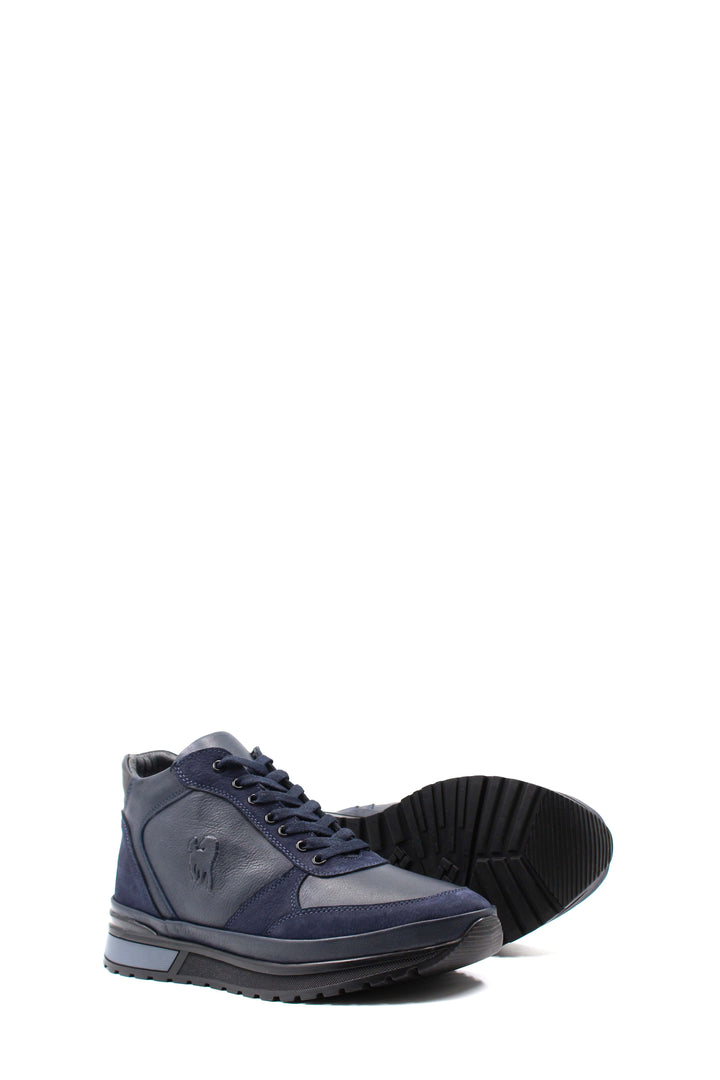 Men's Navy Blue Leather Sneakers with Side Zipper and Fur Lining - Wessi