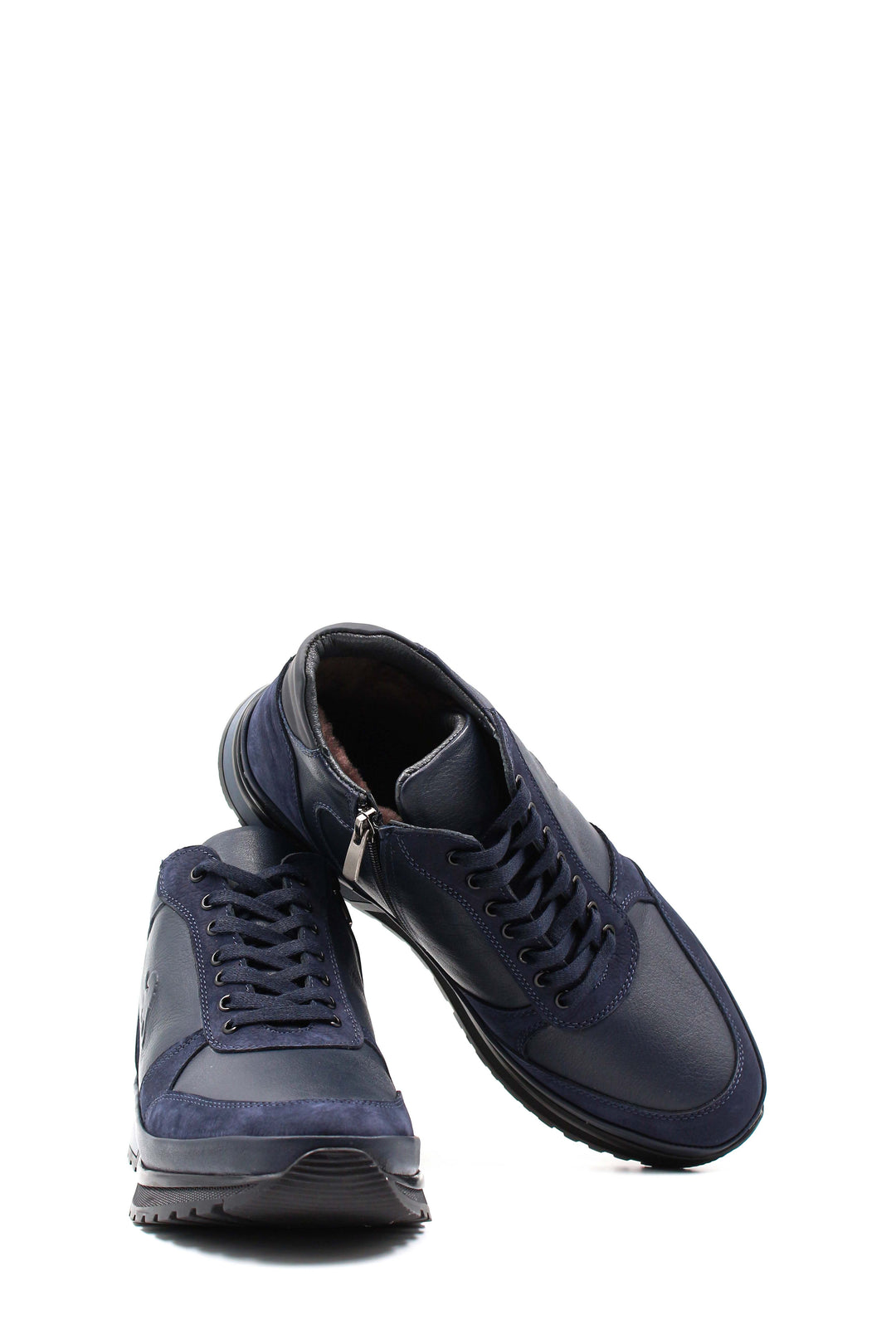 Men's Navy Blue Leather Sneakers with Side Zipper and Fur Lining - Wessi