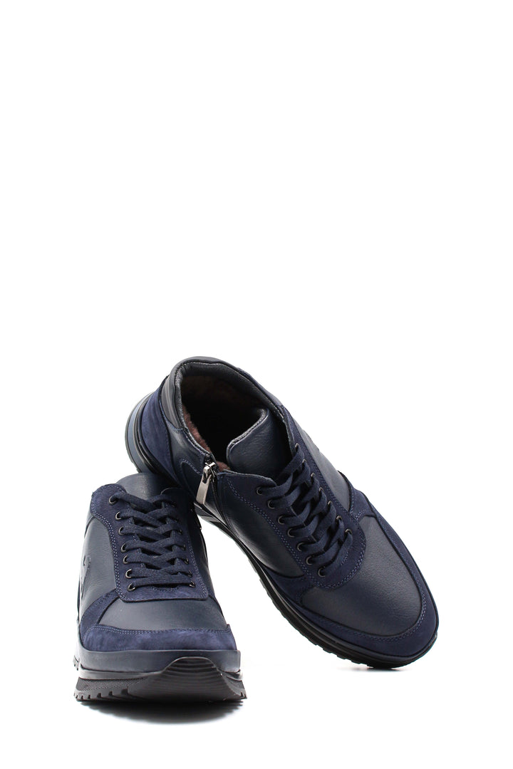 Men's Navy Blue Leather Sneakers with Side Zipper and Fur Lining - Wessi