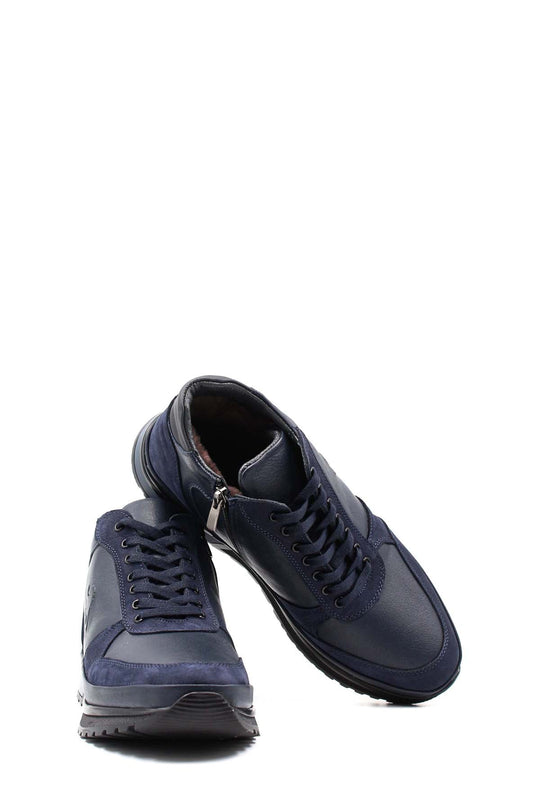 Men's Navy Blue Leather Sneakers with Side Zipper and Fur Lining - Wes   Wessi - Discover Diversity