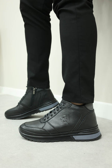 Men's Black Leather High-Top Sneakers with Zip Closure and Fur Lining - Wessi