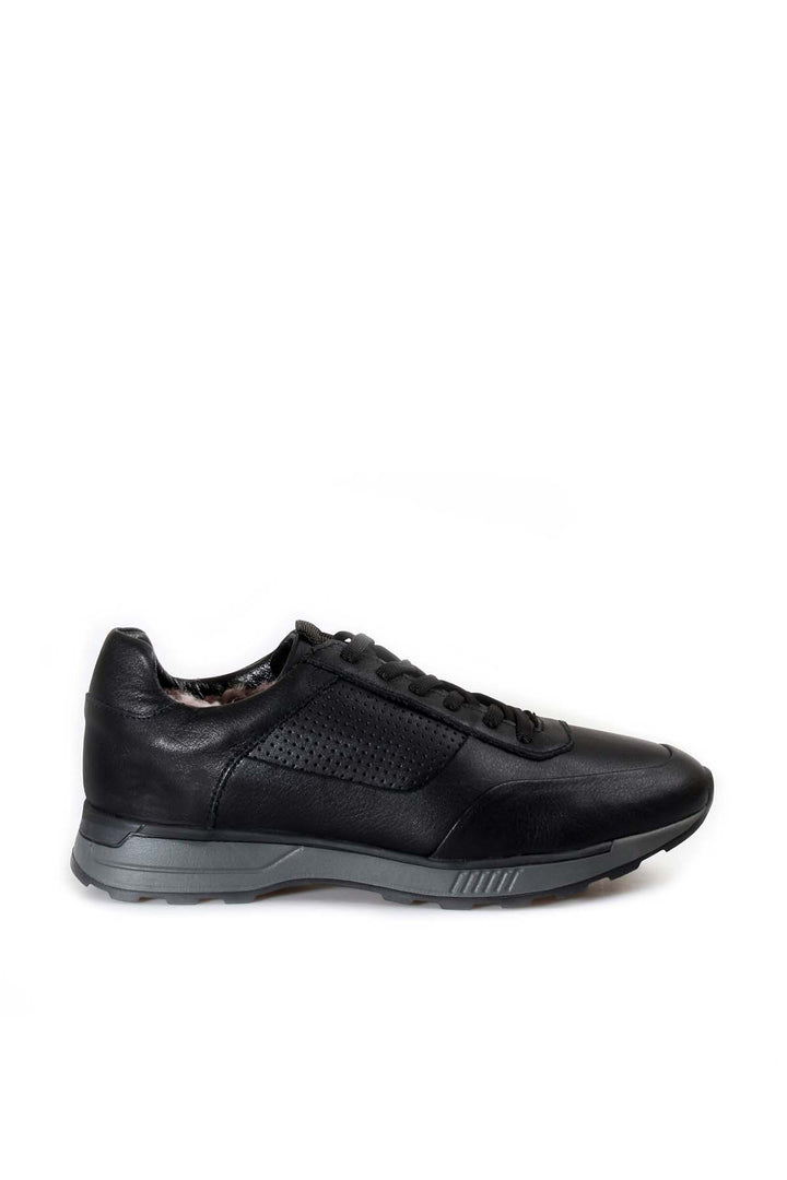 Men's Black Leather Casual Sneakers with Grey Sole and Fur Lining - Wessi