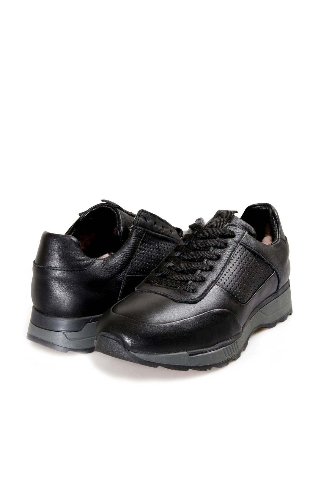 Men's Black Leather Casual Sneakers with Grey Sole and Fur Lining - Wessi