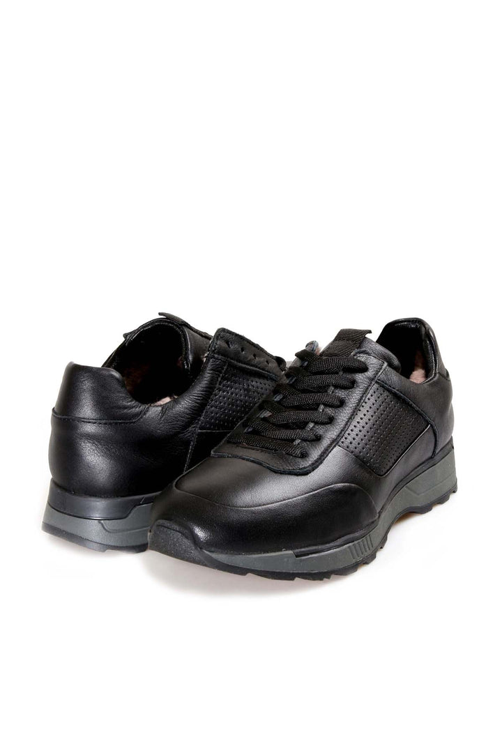 Men's Black Leather Casual Sneakers with Grey Sole and Fur Lining - Wessi