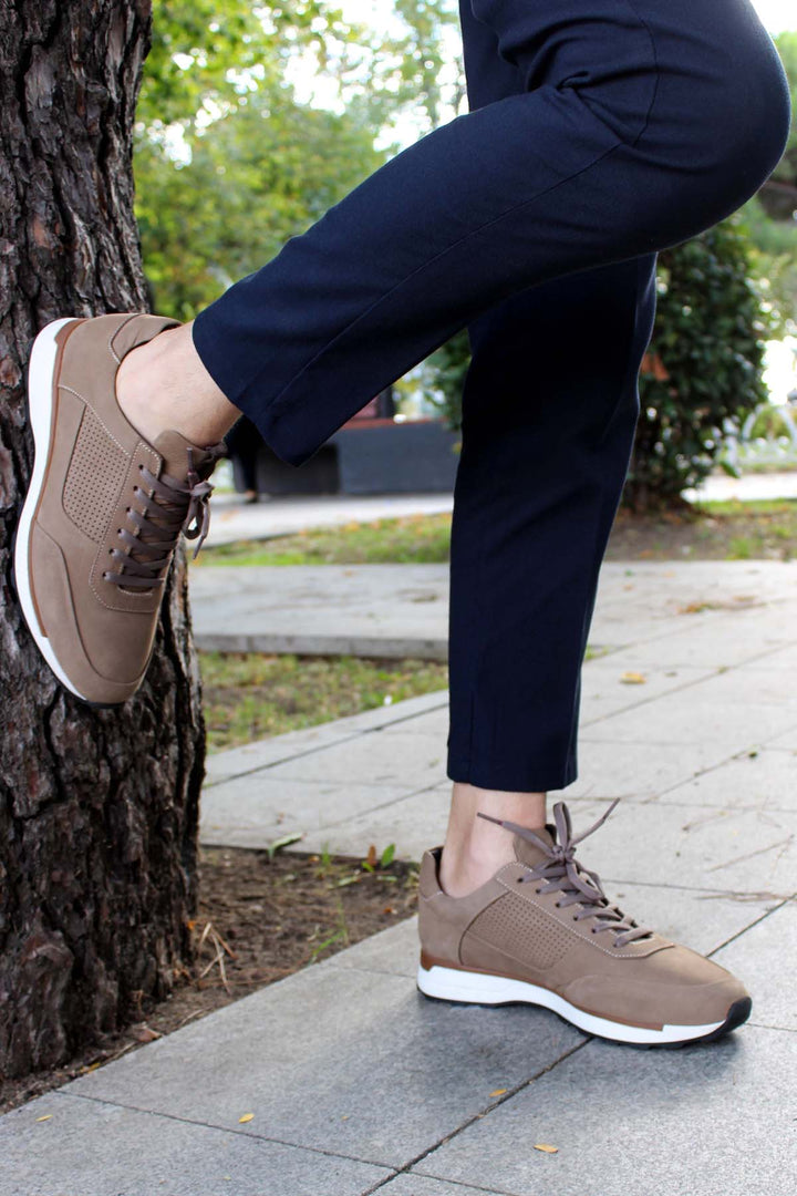Men's Beige Suede Sneakers with Perforated Detailing and White Sole - Wessi