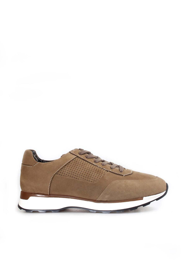 Men's Beige Suede Sneakers with Perforated Detailing and White Sole - Wessi