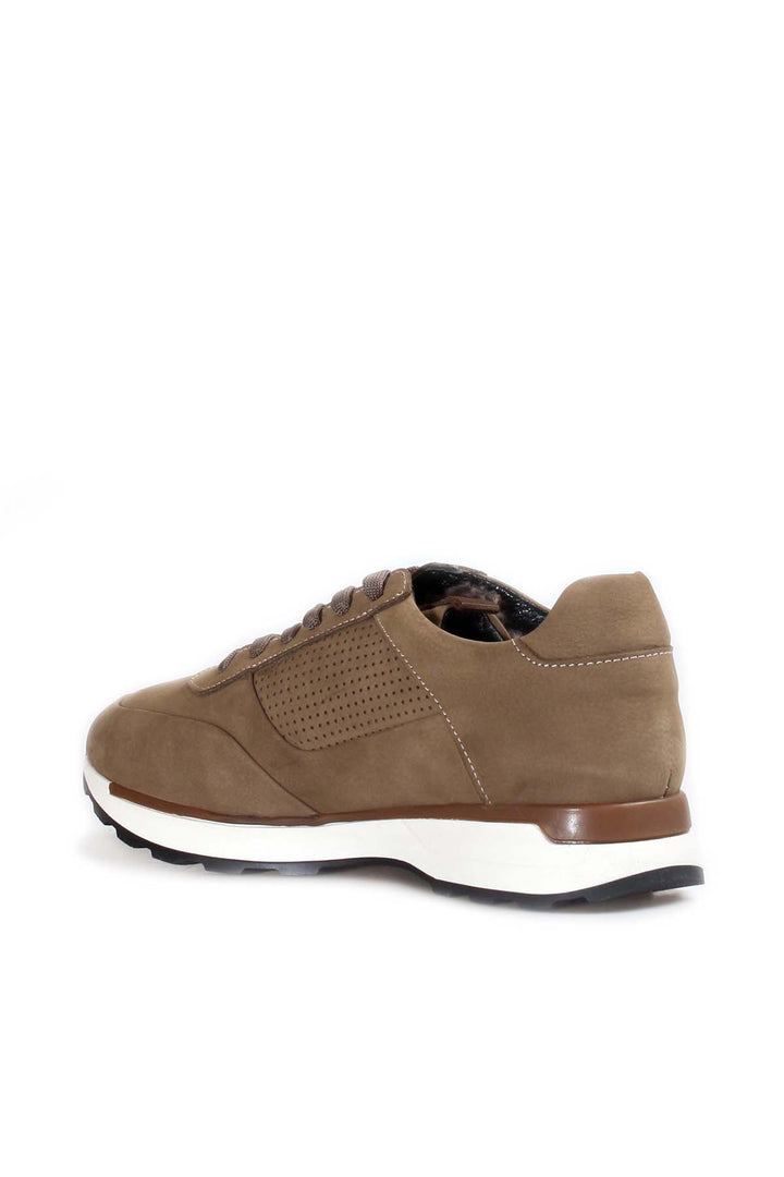 Men's Beige Suede Sneakers with Perforated Detailing and White Sole - Wessi