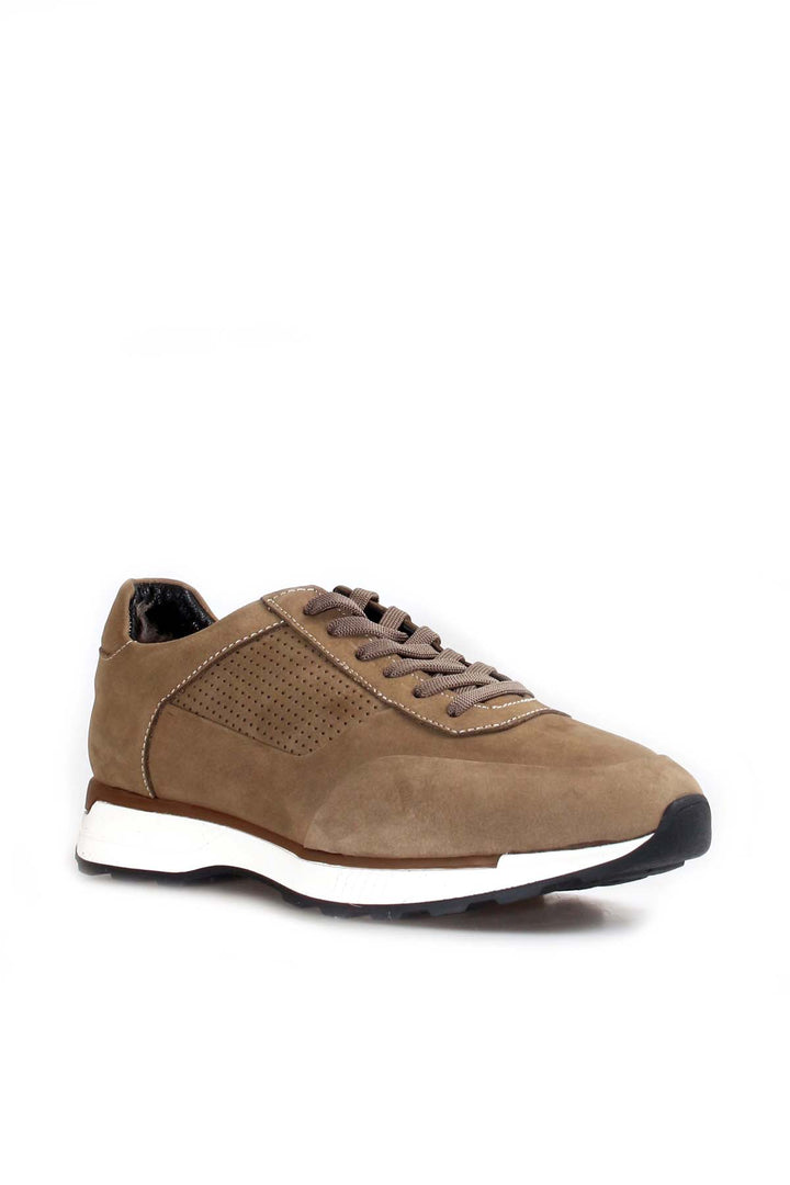 Men's Beige Suede Sneakers with Perforated Detailing and White Sole - Wessi