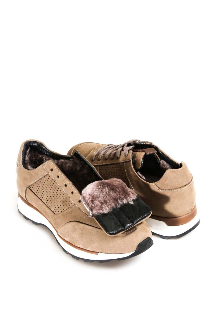 Men's Beige Suede Sneakers with Perforated Detailing and White Sole - Wessi