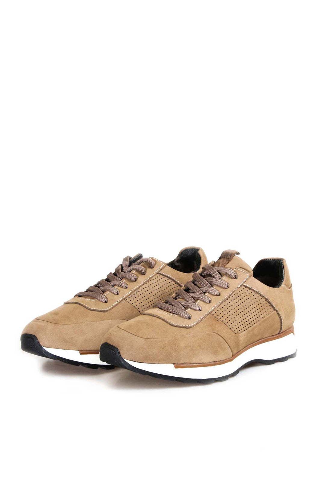 Men's Beige Suede Sneakers with Perforated Detailing and White Sole - Wessi