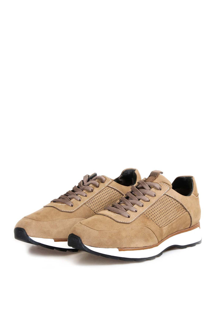 Men's Beige Suede Sneakers with Perforated Detailing and White Sole - Wessi