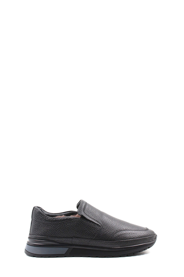 Men's Black Leather Slip-On Shoes with Fur Lining and Chunky Sole - Wessi