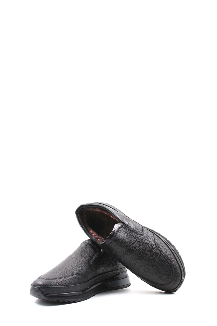 Men's Black Leather Slip-On Shoes with Fur Lining and Chunky Sole - Wessi