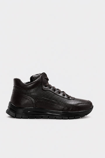 Dark Brown Leather Fur-Lined High-Top Sneakers for Men | Wessi