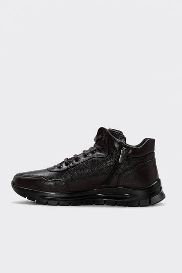 Dark Brown Leather Fur-Lined High-Top Sneakers for Men | Wessi