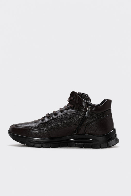 Dark Brown Leather Fur-Lined High-Top Sneakers for Men | Wessi