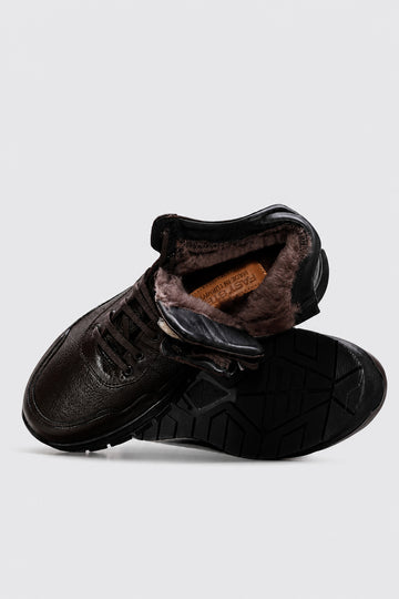Dark Brown Leather Fur-Lined High-Top Sneakers for Men | Wessi