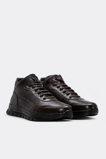 Dark Brown Leather Fur-Lined High-Top Sneakers for Men | Wessi