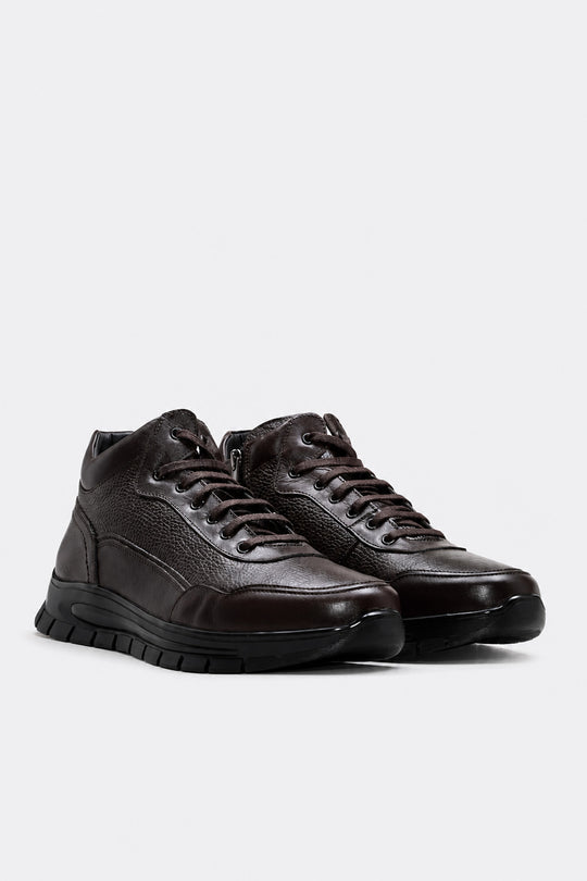 Dark Brown Leather Fur-Lined High-Top Sneakers for Men | Wessi