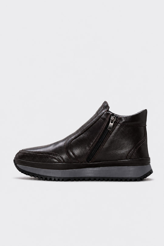 Brown Fur-Lined Leather High-Top Sneakers for Men | Wessi