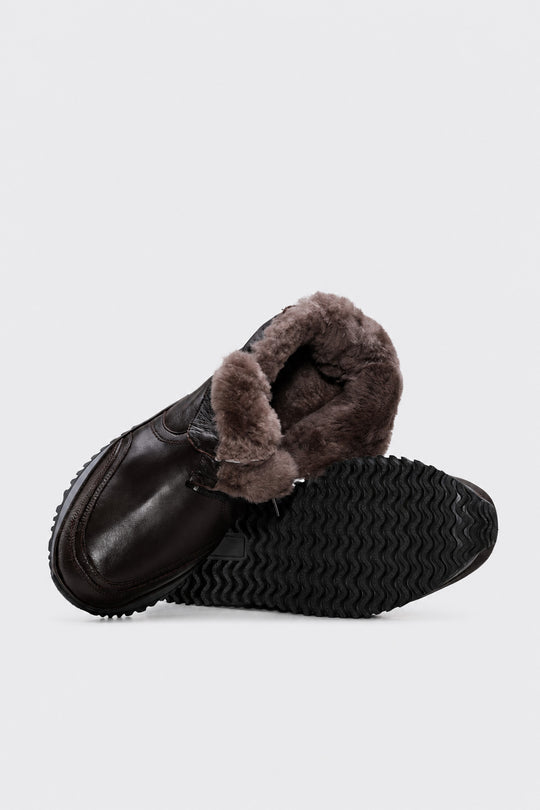 Brown Fur-Lined Leather High-Top Sneakers for Men | Wessi