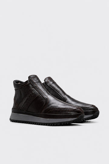 Brown Fur-Lined Leather High-Top Sneakers for Men | Wessi