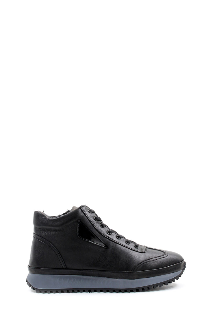 Men's Black Leather High-Top Sneakers with Ribbed Sole - Wessi