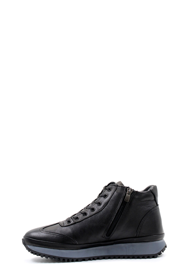 Men's Black Leather High-Top Sneakers with Ribbed Sole - Wessi