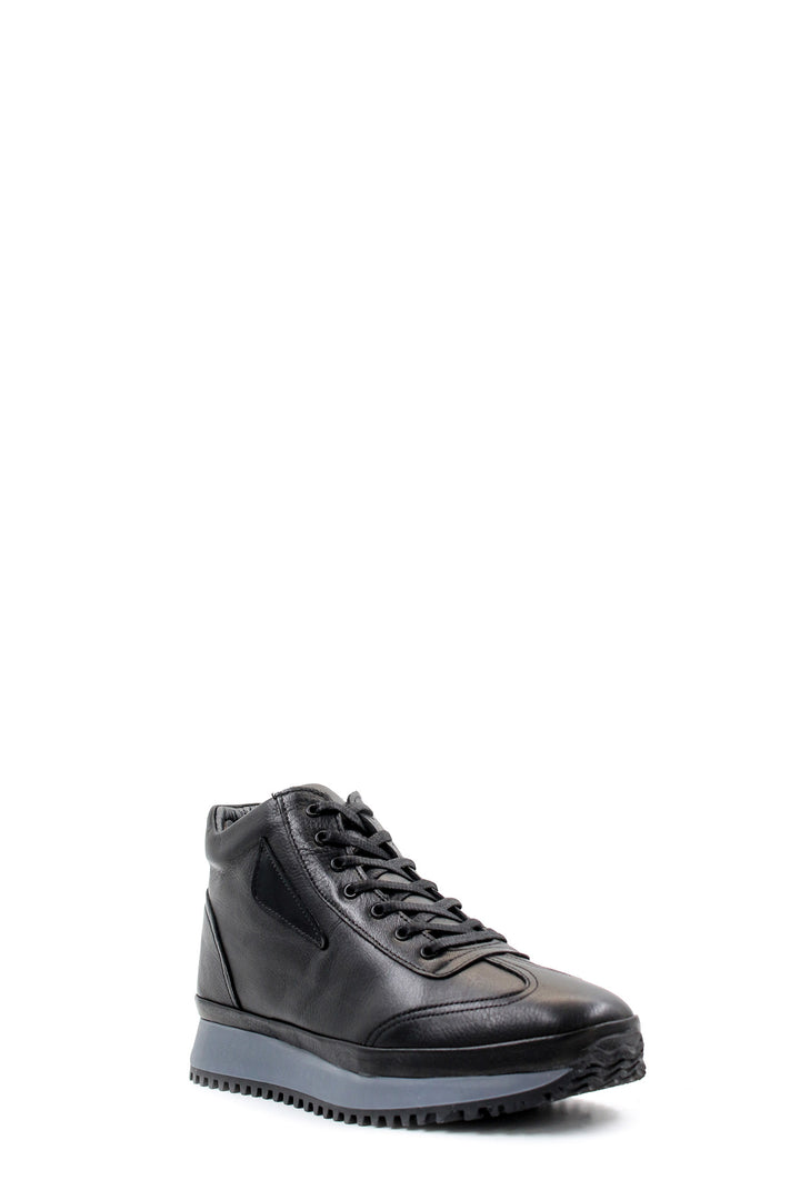 Men's Black Leather High-Top Sneakers with Ribbed Sole - Wessi