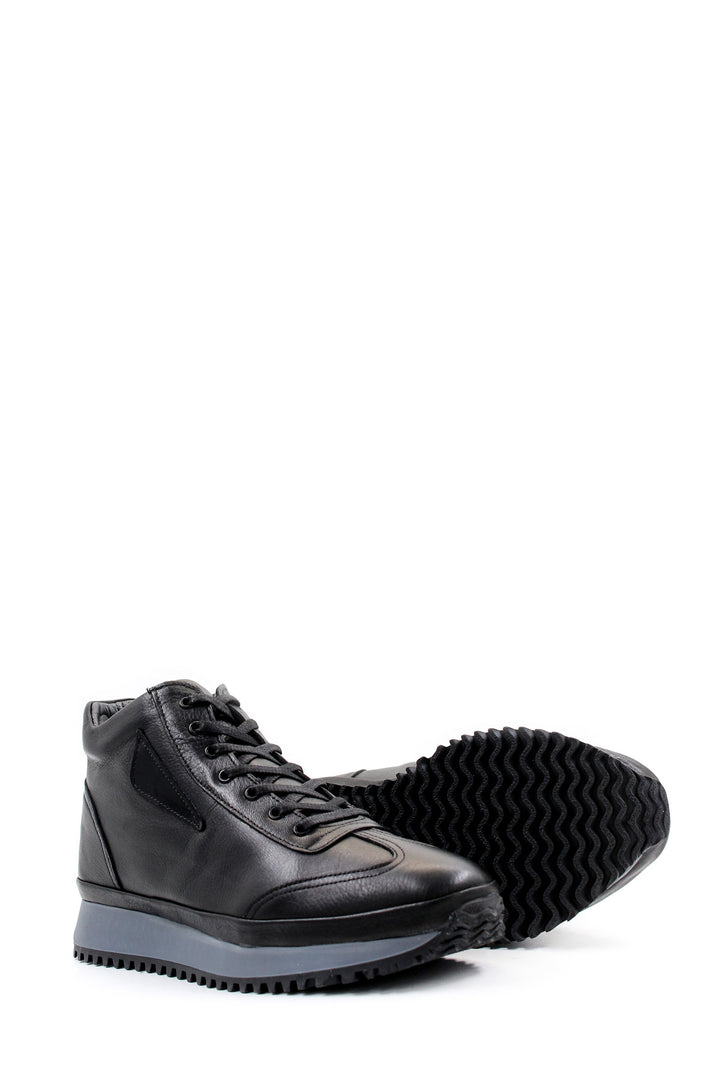 Men's Black Leather High-Top Sneakers with Ribbed Sole - Wessi
