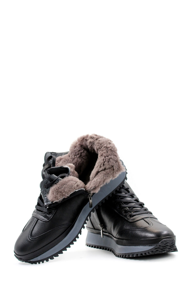 Men's Black Leather High-Top Sneakers with Ribbed Sole - Wessi