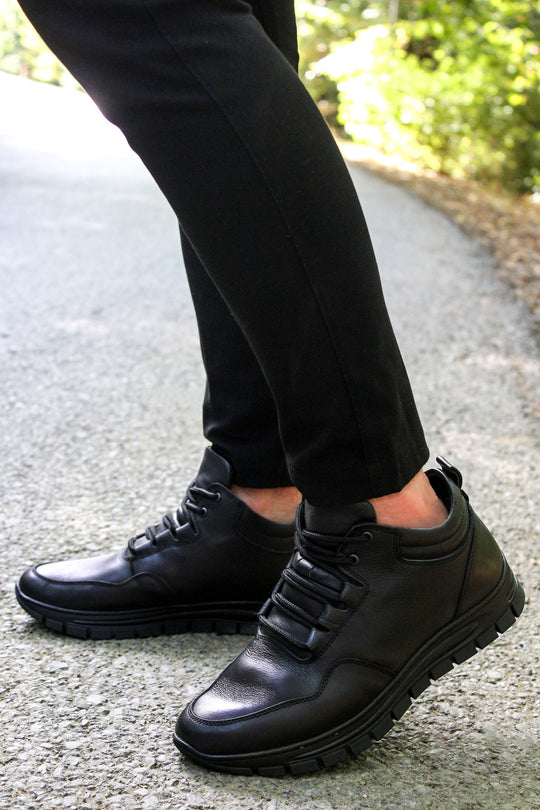 Men's Black High-Top Leather Sneakers with Cushioned Sole - Wessi Siyah / US 10
